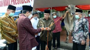 Menteri Agama Mewakili Presiden dan Wakil Presiden menyerahkan hewan kurban.